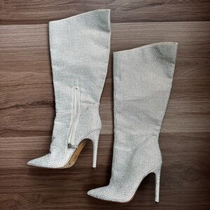 JLO Jennifer Lopez Rhinestone Knee High Boots White Crystal Stiletto 7.5